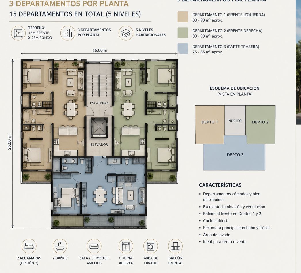 Plano distribución 3 deptos por planta